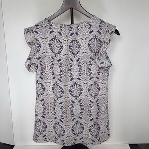 CAbi Blue and White Ruffled Cap Sleeve Blouse Top Shirt Women’s XS NWOT